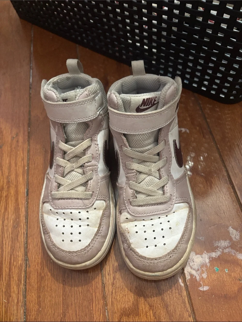 Nike Kids High-Top Sneakers in White, Light Gray, and Maroon
